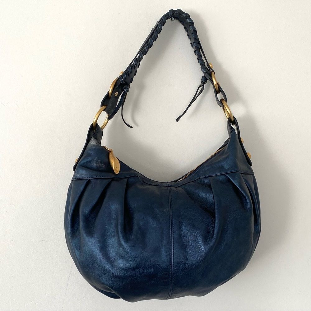 Francisco Biasia Elegant Navy Leather Hobo Bag Gold Tone Hardware Made in Italy